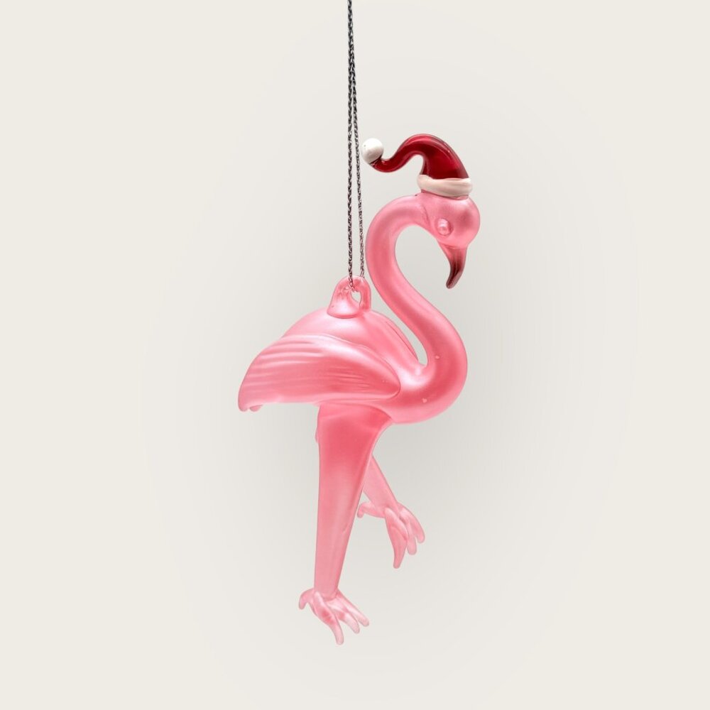 Glass Pink Flamingo with Santa Hat Christmas Ornament White Iridescent String
